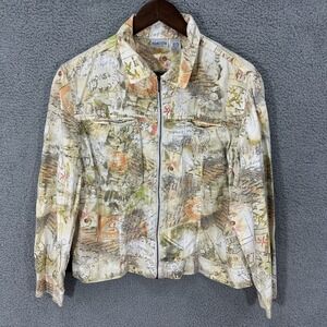Chicos Jacket Womens Large 2 Zip Up Geometric All Over Print Linen Cotton Art